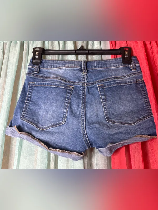 Women's Distressed Roll-Cuff Denim Shorts - Blue - Image 2