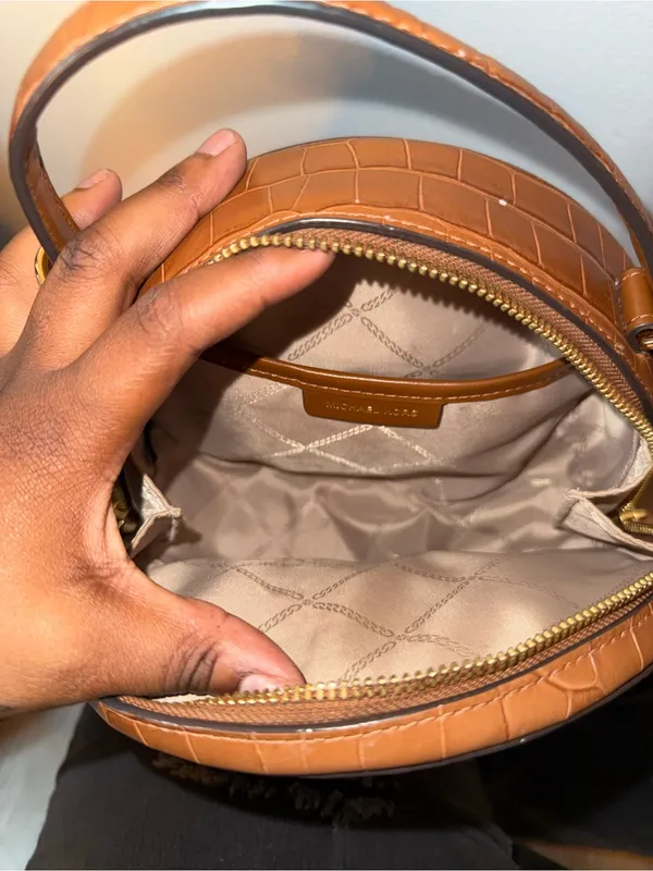 Michael Kors Cognac Croc-Embossed Round Crossbody Bag - Image 2