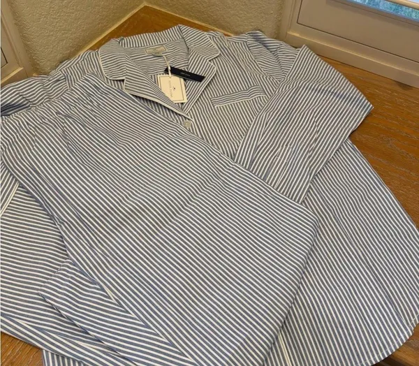 Petite Plume Women's Twill Pajama Set in French Blue Heritage Stripe - Image 3