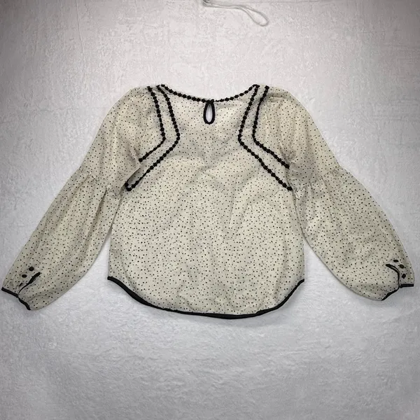 Free People Polka Dot Blouse Sheer Long Sleeve Top Black Trim‎ M READ - Image 8
