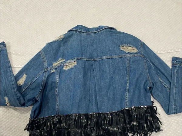 Zara Light Blue Distressed Denim Jacket with Black Fringe Detail - Image 6