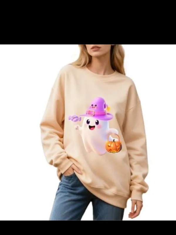 Beige Sweatshirt with Ghost and Pumpkin Design M Purple Size M - Image 4
