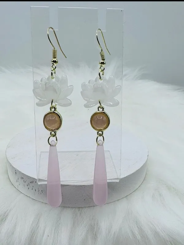 Pink and White Lotus Statement Earrings - Image 3