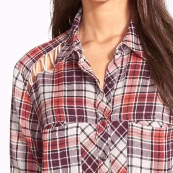 Free People Stitch Detail Plaid Boho Western Snap Shirt in Ash Combo Size Medium - Image 7