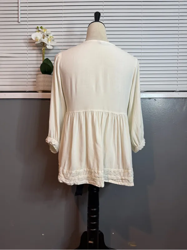 Janasya Ivory Lace Up Babydoll Top Medium Boho Crochet Trim Peasant Blouse - Image 6