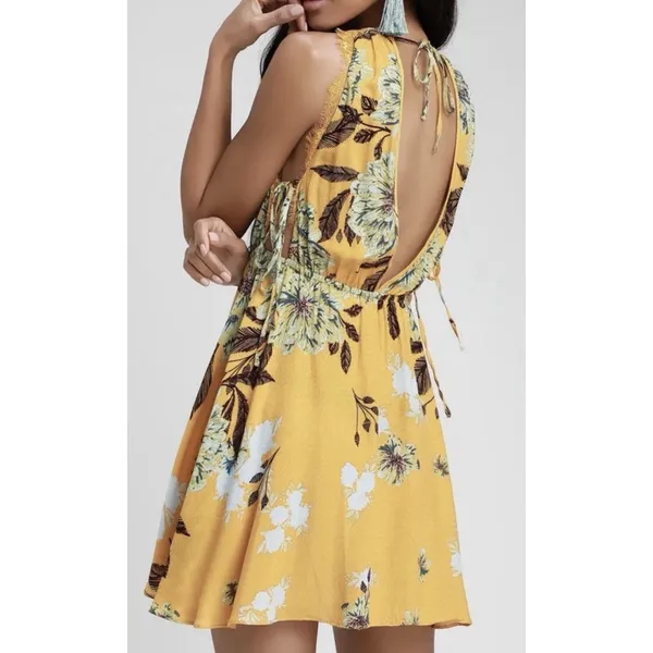 Free People "Marnie" Golden Yellow Floral Short Dress Size S Rayon Boho Floral. - Image 4