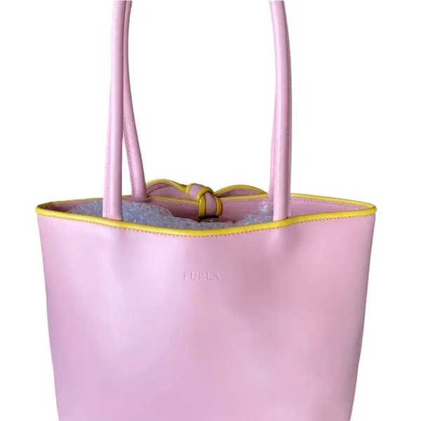 Furla Vintage Y2K Pink & Yellow Bow Tote/Shoulder Bag Elegant Structured Design - Image 2