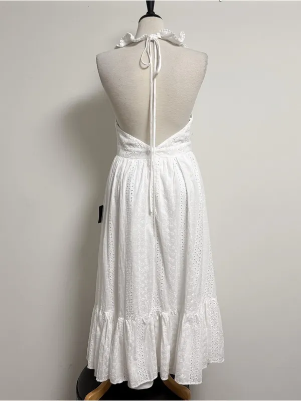 Lulus White Eyelet Halter Ruffle V Neck Ruffle Sicilian Sun Midi Dress New Large - Image 6