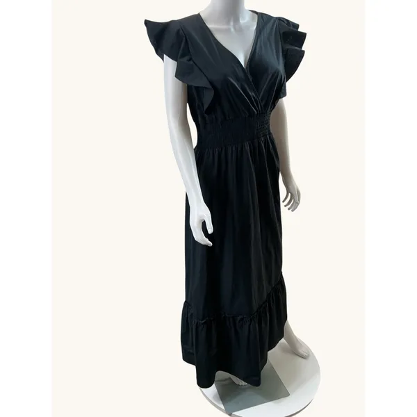 Molly Bracken Black Cotton Ruffle Maxi Dress Smocked Waist V-Neck‎ Size M - Image 12