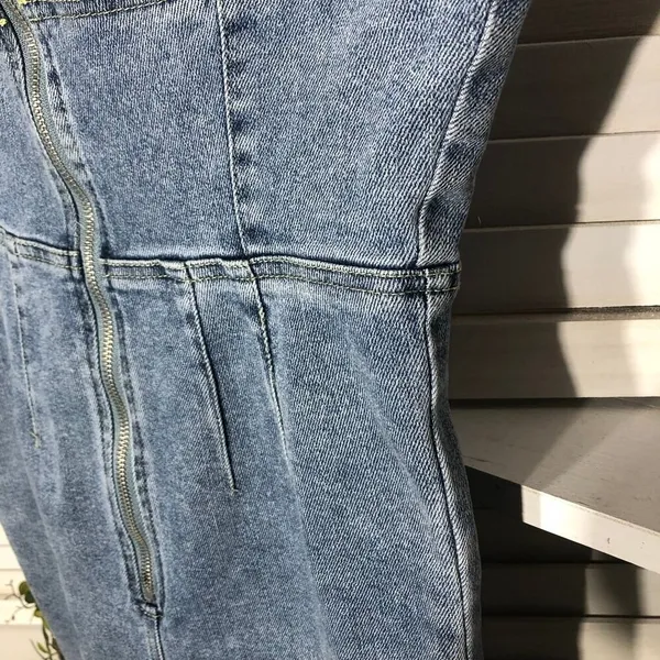Emory Park Y2K denim jumpsuit bell-bottoms blue zip sexy fitted look groovy hippie boho M - Image 5
