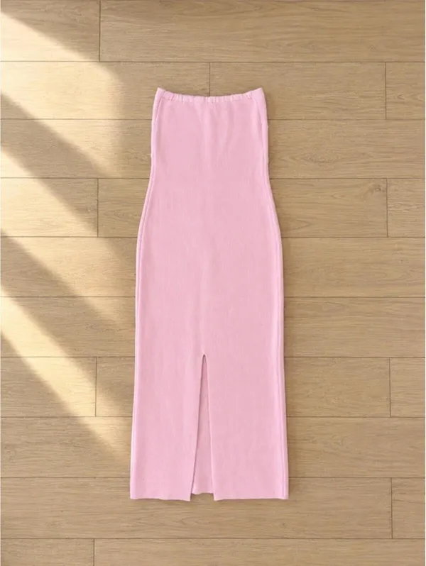 Pink Strapless Twist Front Knit Midi Dress Size M Bodycon Tube Dress - Image 2