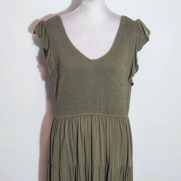 Pretty Garden Olive Green Smocked Midi Dress Size Large Green Cottagecore Dress - Image 3