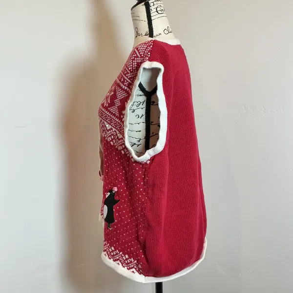 Holiday Editions Penguin Christmas Sweater Vest Red Fair‎ Isle Ugly Christmas XL - Image 2