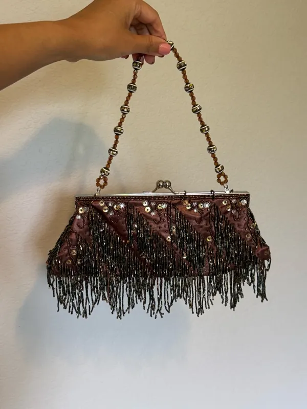 Apt. 9 | Vintage 90s-Y2K Beaded Fringe Evening Clutch Handbag - Brown - Image 2