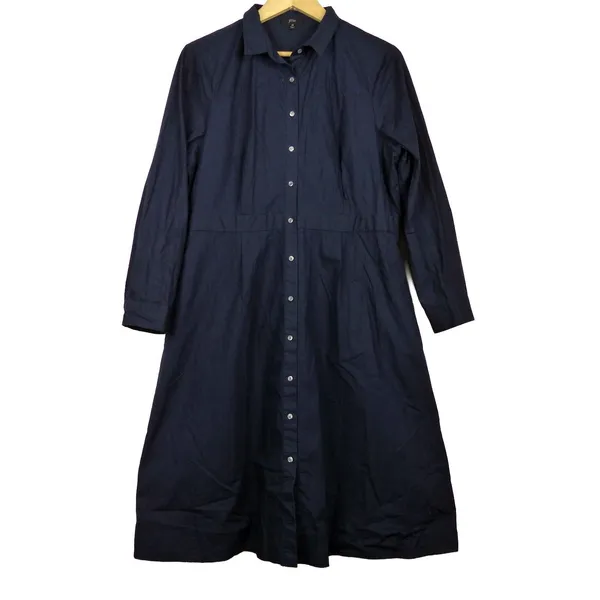 J.Crew Button Front Shirt Dress Womens 18 Navy Blue Cotton Poplin Midi Pockets - Image 2