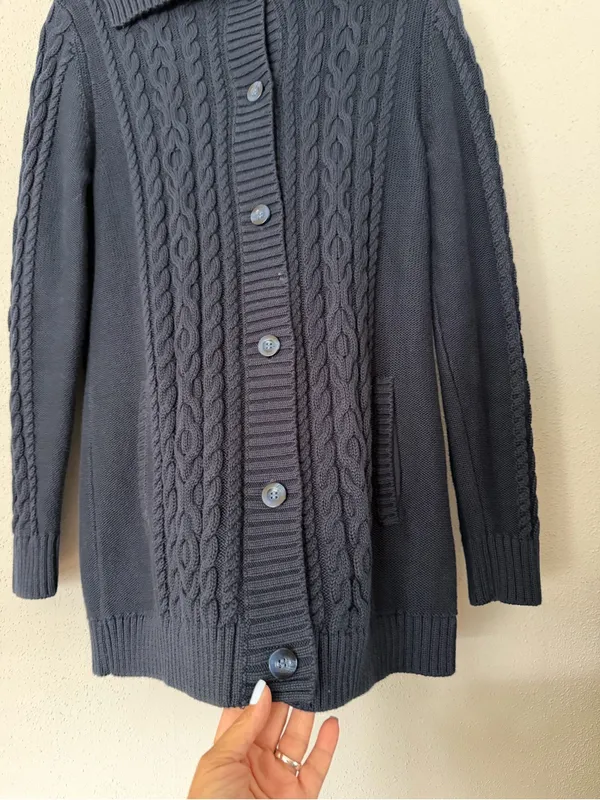 ⁠L.L. Bean 100% Cotton Cable Knit Long Button Front Cardigan Sweater Navy M REG⁠ - Image 4