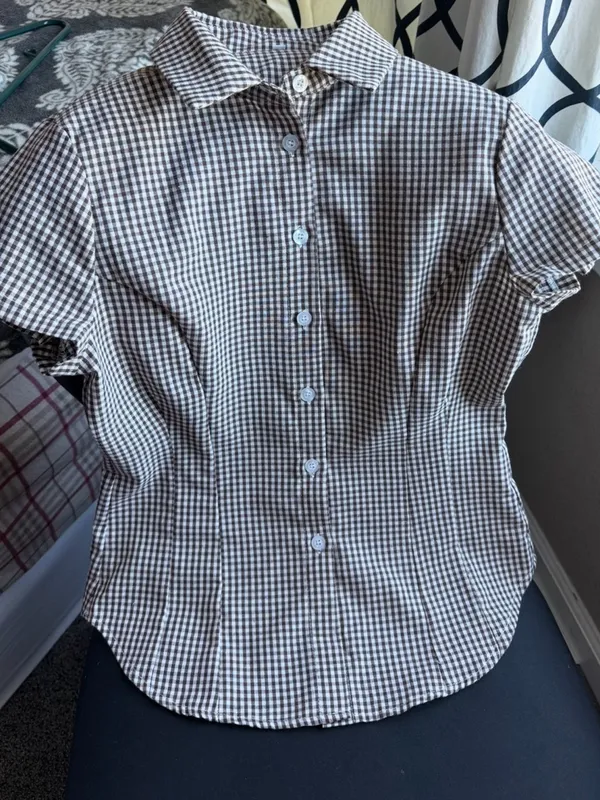 Brown Gingham Short Sleeve Button - Image 8