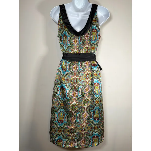 LulaKate Paisley Silk Dress Multicolor Satin Trim Belted Cocktail Boho Size 10 - Image 6