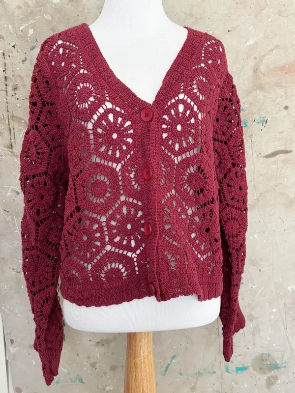 Ultra Pink Long Sleeve Crochet Cardigan - Image 2