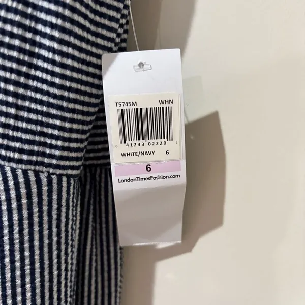 London Times White Navy Stripe Trapeze Tiered Midi Dress Size 6 - Image 7