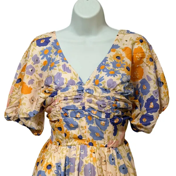 JardinVue Floral Tiered‎ Maxi Dress Orange Purple Puff Sleeve V-Neck Small NWT - Image 5