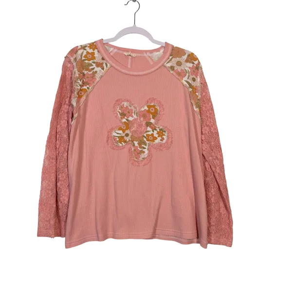 POL Pink Floral Lace Waffle Knit Long Lace Sleeve Top Size L YKT1297 Spring NWOT - Image 2