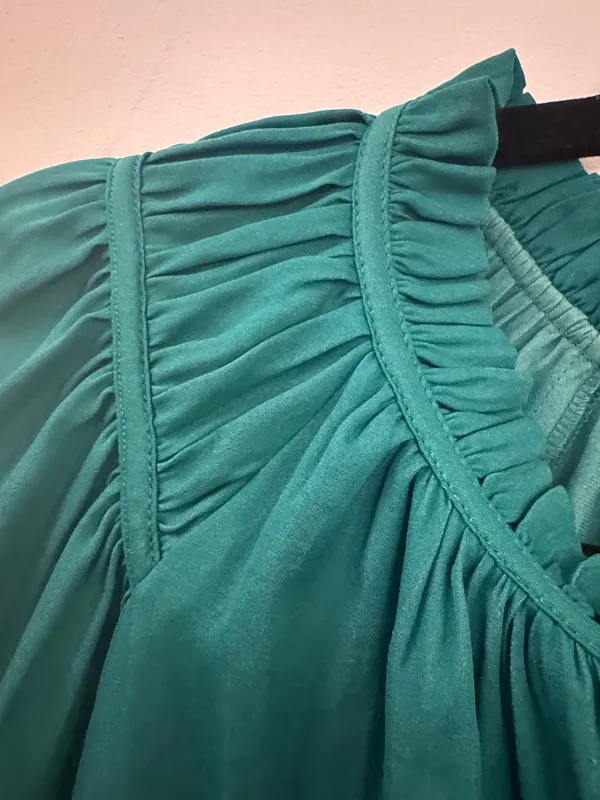 LOFT Emerald Green Ruffle-Neck Long Sleeve Blouse - Image 4