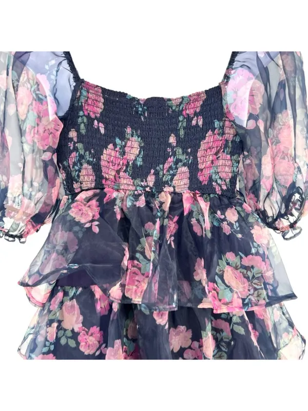 Altar'd State Coquette Babydoll Puff Sleeve Floral Mini Dress Size Medium - Image 6