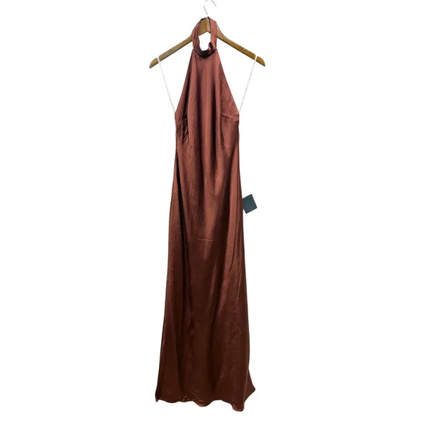 Lulus Love in Your Life Rust Brown Satin Halter Maxi Dress size Small NWT - Image 2