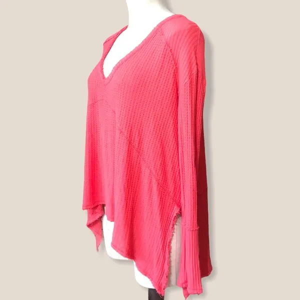 Free People Sunset Park Thermal Oversized Waffle Knit Red Coral Long Sleeve Boho - Image 4