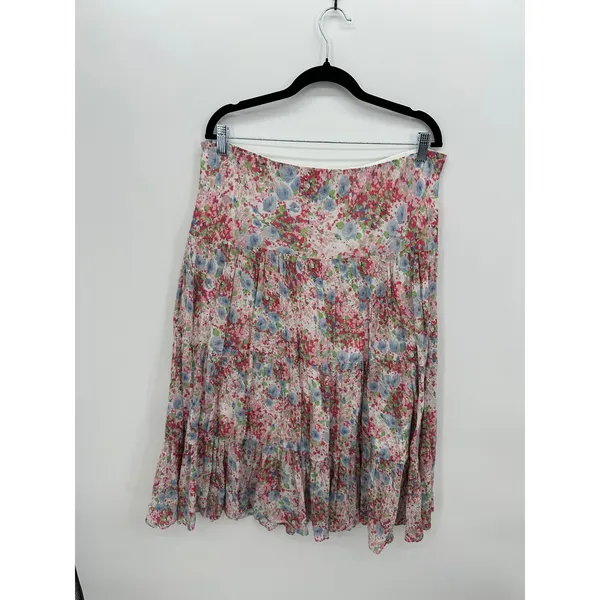 Chaps Denim Womens Large Pink Blue Floral Tiered Cotton Midi Skirt Boho Cottage - Image 2