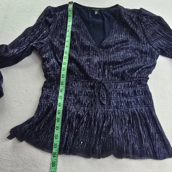 White House Black Market Navy Blue Metallic‎ Pleated Smocked Peplum Blouse Small - Image 11