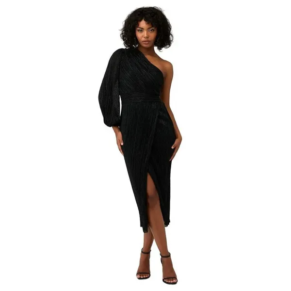 Saylor Alora Dress in Black Metallic Womens Plisse One Shoulder Midi - Image 5
