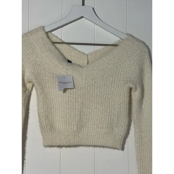 American Eagle Outfitters NWT XS Ribbed Cropped Off Shoulder Sweater Cream - Image 2
