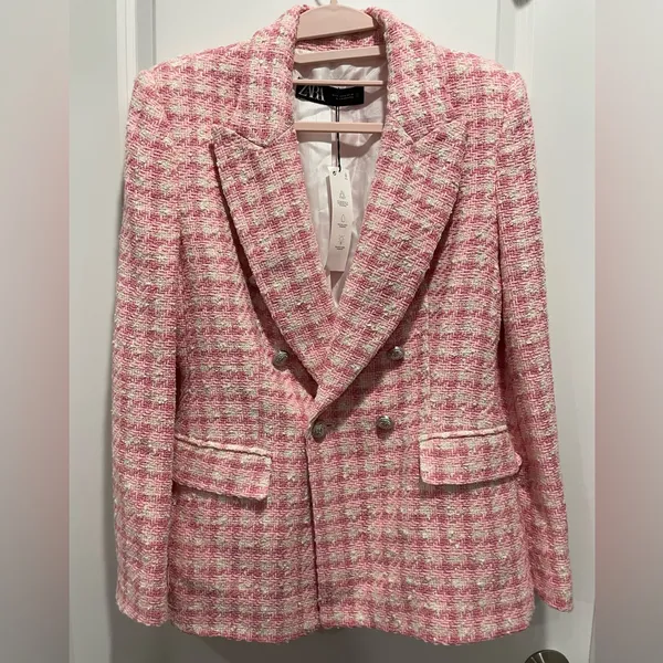 Bloggers Fave Zara Textured Tweed Checkered Pink White Double Breasted Blazer - Image 5