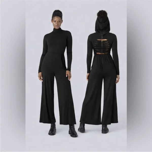 NWT Halara hooded wide-leg jumpsuit in classic neutral brown, back slits, sz XS - Image 2