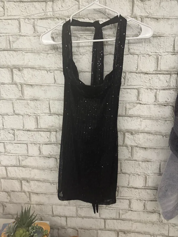 Lucy in the Sky Sequin Striped Halter Dress Black - Image 3
