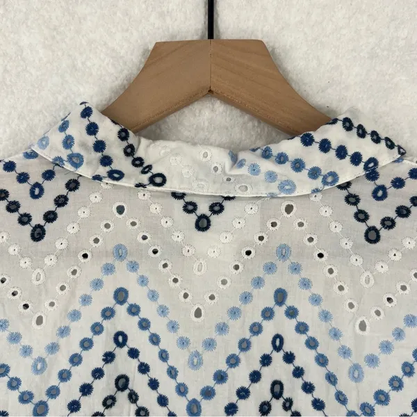 Alfred Dubber Cotton Ombré‎ Blue Eyelet Embroidered 3/4 Sleeve Button Up Shirt L - Image 11