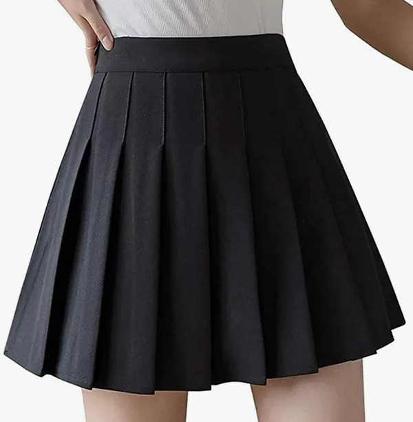 Black Plain Pleated Skirt With Mini Skirt Lining Shorts - Image 2