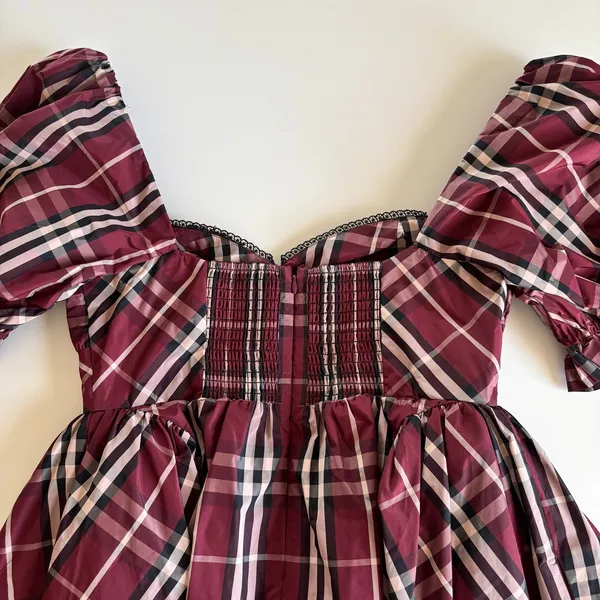 Anthropologie Maeve Burgundy Tartan Plaid Puff Sleeve Mini Dress Women’s Small - Image 10
