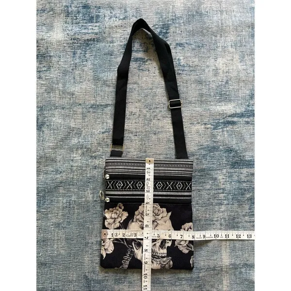 White Black Rose Flower Skull Cotton Canvas Two Pocket Crossbody Shoulder Pouch - Image 5