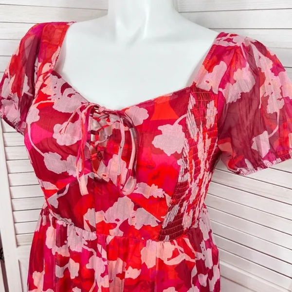 Torrid Floral Crinkle Fabric Tiered Puff Sleeve Smocked Midi Dress Red‎ Pink 12 - Image 7