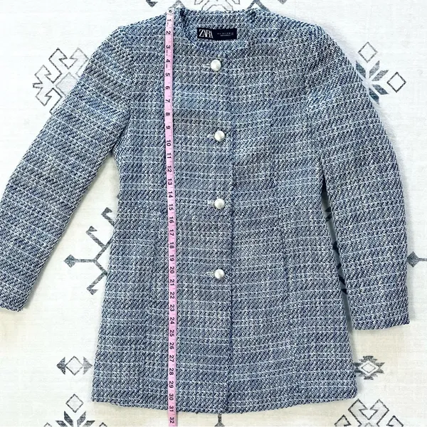 ZARA Long Structured Tweed Button Down Blazer Coat Small - Image 9