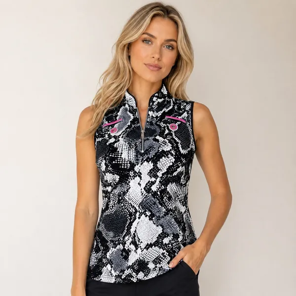 Jamie Sadock Golf Top Womens S Snake Print Sleeveless 1/4 Zip Stretch‎ Black - Image 2