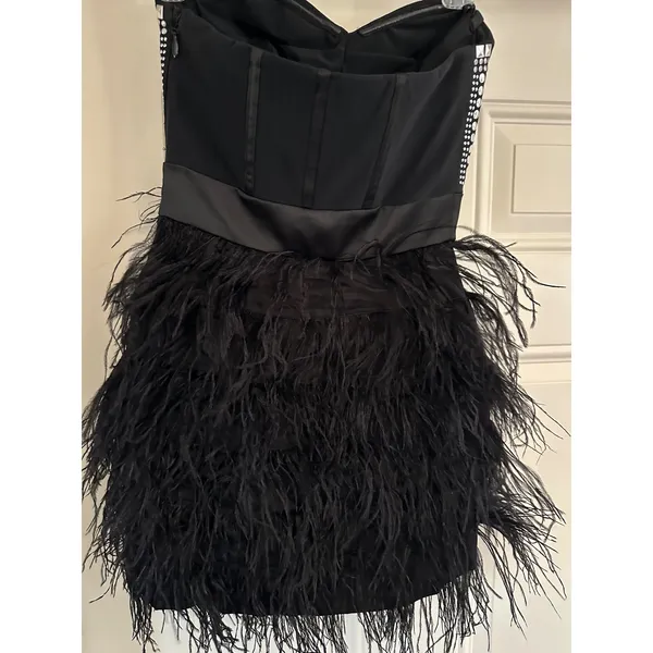 Bebe XS Black Studded Bustier Feather Mini Dress Strapless Glam - Image 3