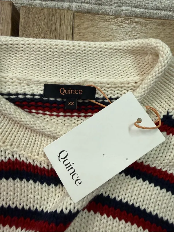 NWT Quince 100% Organic Cotton Roll Neck Sweater Off White/Navy/Red Stripe Sz XS - Image 7