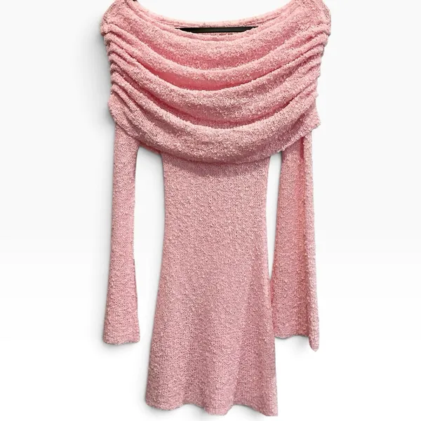 Meshki Marisol Off Shoulder Boucle Mini Dress Baby Pink XS Bell Sleeve New - Image 4
