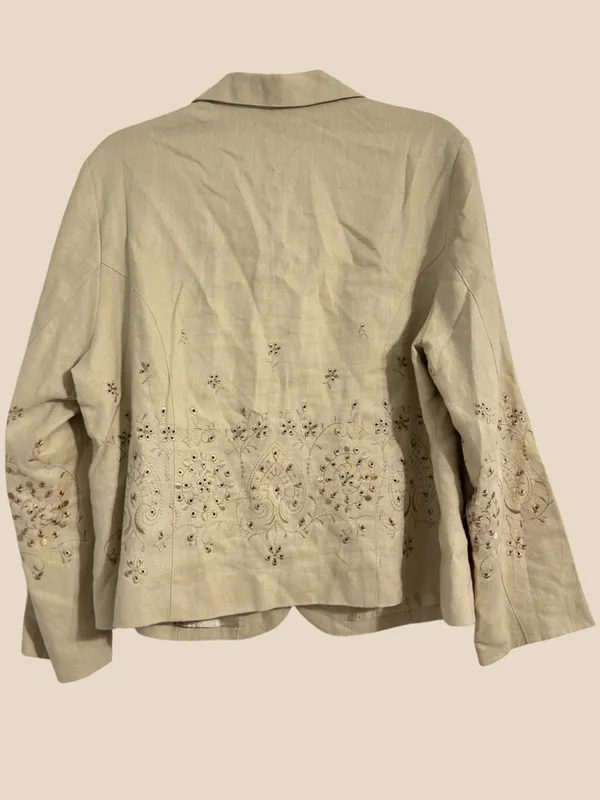 Carole Little Linen Embroidered Blazer Jacket Tan Button Front Floral Eyelet 16W - Image 5