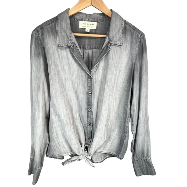 Cloth‎ & Stone Womens Gray Tencel Lyocell Tie-Front Long Sleeve Shirt - Image 2