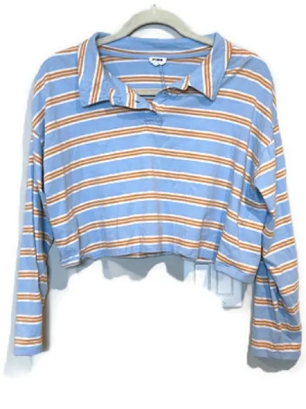 Cotton On Light Blue and Mustard Striped Cotton Cropped Long Sleeve Polo - Image 5